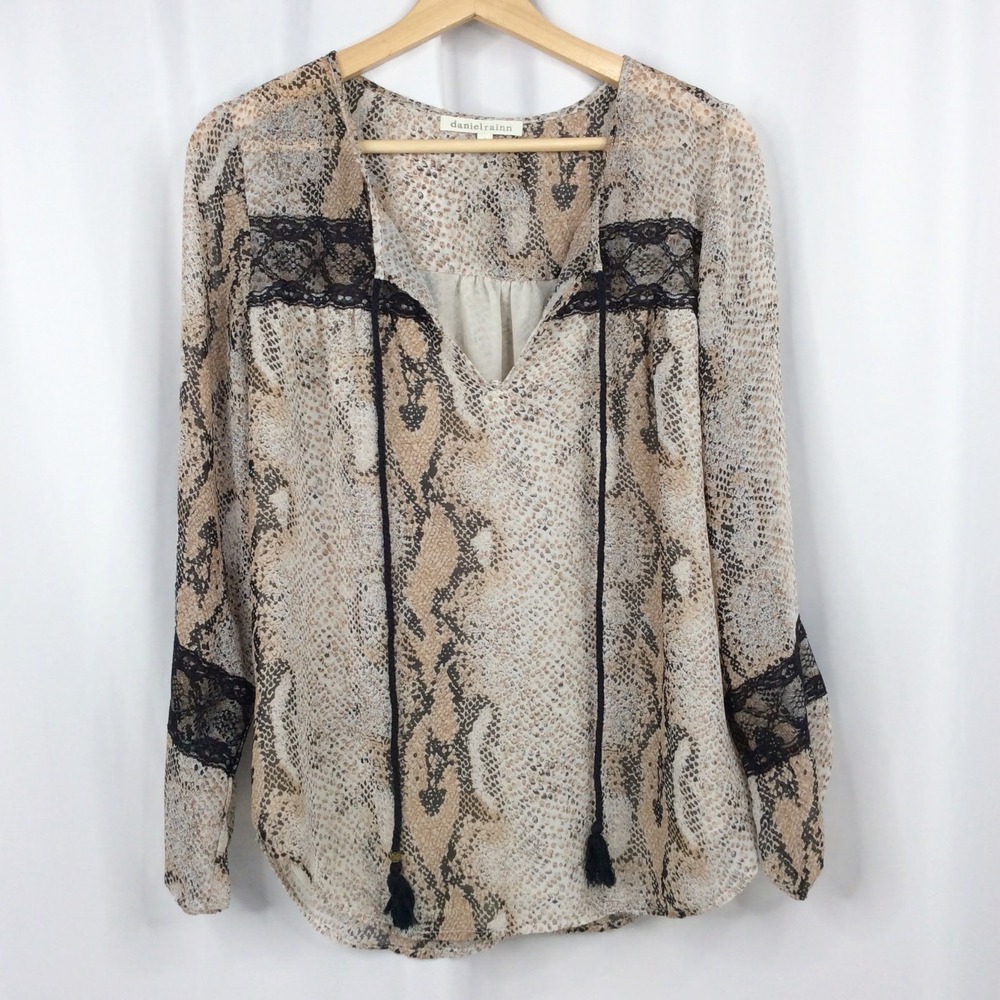 Daniel Rainn Snake Print Tie Neck Blouse Women's Size Small Beige Black Lace